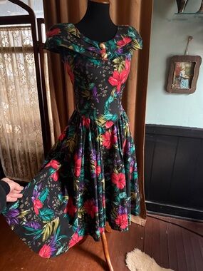 Melissa Black Floral Midi Dress with Red, Purple & Green Accents